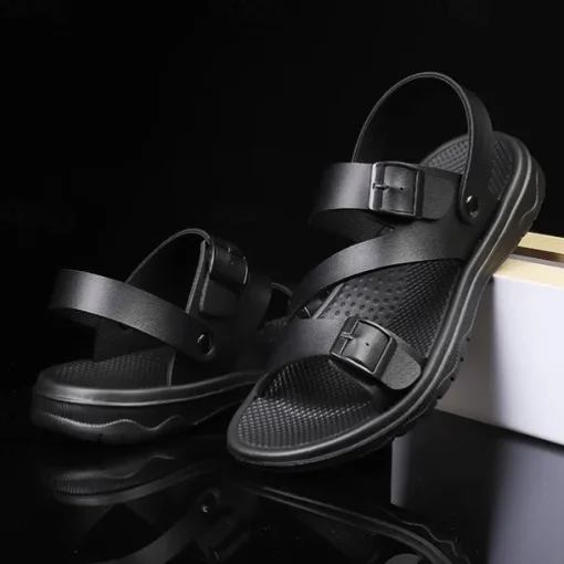 Men's Black Faux Leather Sandals with Buckle Straps, Comfortable Casual Footwear for Summer and Outdoor Activities