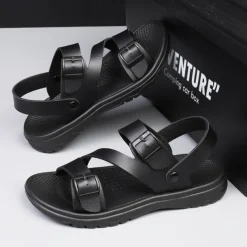 Men's Black Faux Leather Sandals with Buckle Straps, Comfortable Casual Footwear for Summer and Outdoor Activities