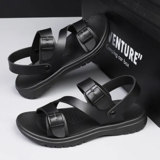 Men's Black Faux Leather Sandals with Buckle Straps, Comfortable Casual Footwear for Summer and Outdoor Activities