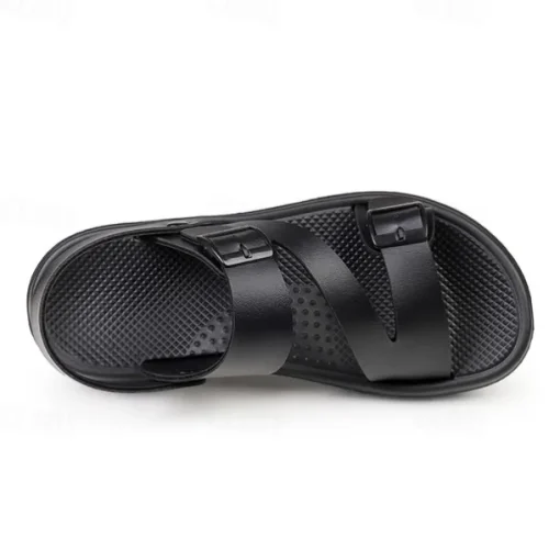 Men's Black Faux Leather Sandals with Buckle Straps, Comfortable Casual Footwear for Summer and Outdoor Activities