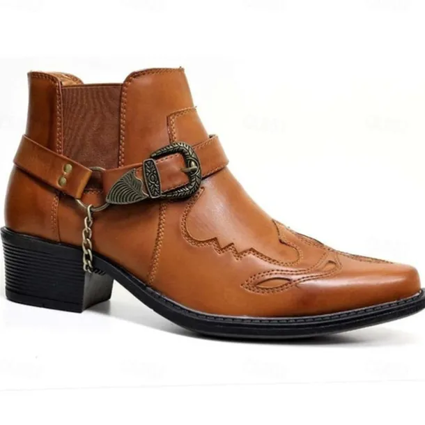 Men's Black Faux Leather Western Motorcycle Boots with Buckle Strap and Embroidered Detailing - Ankle Boots for Biker and Casual Wear