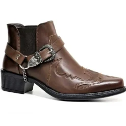 Men's Black Faux Leather Western Motorcycle Boots with Buckle Strap and Embroidered Detailing - Ankle Boots for Biker and Casual Wear