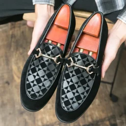 Men's Black Faux Suede Loafers with Geometric Pattern and Metal Buckle – Stylish Slip-On Dress Shoes for Formal Events and Parties