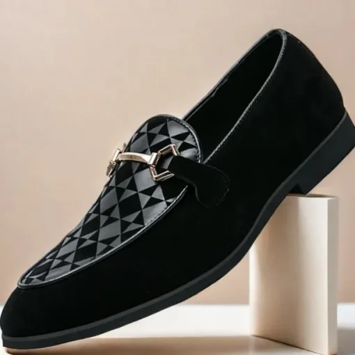 Men's Black Faux Suede Loafers with Geometric Pattern and Metal Buckle – Stylish Slip-On Dress Shoes for Formal Events and Parties