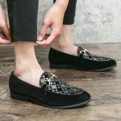 Men's Black Faux Suede Loafers with Geometric Pattern and Metal Buckle – Stylish Slip-On Dress Shoes for Formal Events and Parties