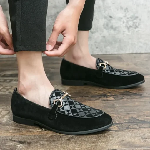 Men's Black Faux Suede Loafers with Geometric Pattern and Metal Buckle – Stylish Slip-On Dress Shoes for Formal Events and Parties