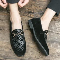Men's Black Faux Suede Loafers with Geometric Pattern and Metal Buckle – Stylish Slip-On Dress Shoes for Formal Events and Parties