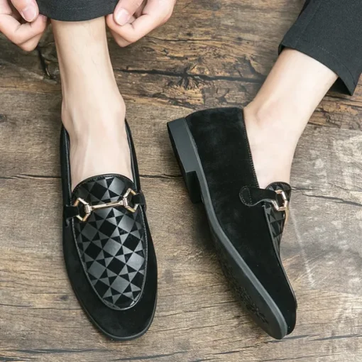 Men's Black Faux Suede Loafers with Geometric Pattern and Metal Buckle – Stylish Slip-On Dress Shoes for Formal Events and Parties