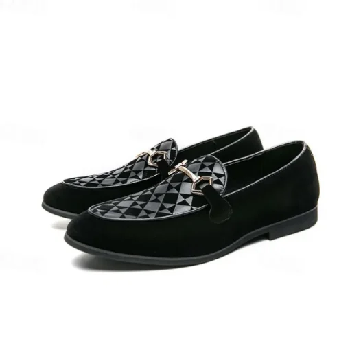 Men's Black Faux Suede Loafers with Geometric Pattern and Metal Buckle – Stylish Slip-On Dress Shoes for Formal Events and Parties
