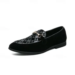 Men's Black Faux Suede Loafers with Geometric Pattern and Metal Buckle – Stylish Slip-On Dress Shoes for Formal Events and Parties