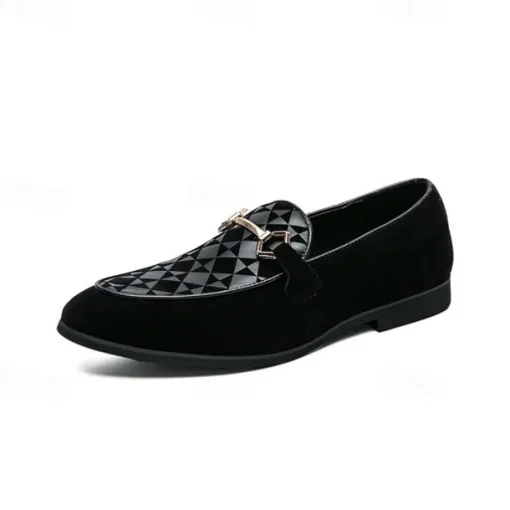 Men's Black Faux Suede Loafers with Geometric Pattern and Metal Buckle – Stylish Slip-On Dress Shoes for Formal Events and Parties