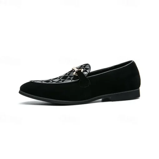Men's Black Faux Suede Loafers with Geometric Pattern and Metal Buckle – Stylish Slip-On Dress Shoes for Formal Events and Parties