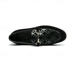 Men's Black Faux Suede Loafers with Geometric Pattern and Metal Buckle – Stylish Slip-On Dress Shoes for Formal Events and Parties