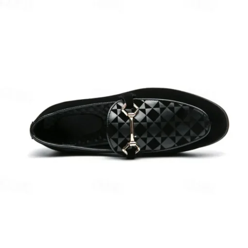 Men's Black Faux Suede Loafers with Geometric Pattern and Metal Buckle – Stylish Slip-On Dress Shoes for Formal Events and Parties