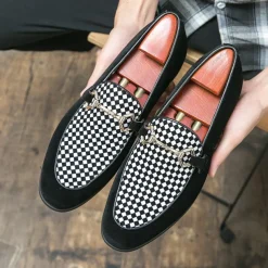 Men's Black Faux Suede Loafers with Geometric Pattern and Metal Buckle – Stylish Slip-On Dress Shoes for Formal Events and Parties