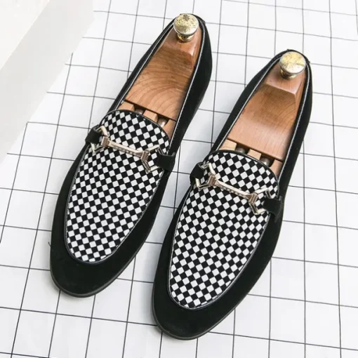Men's Black Faux Suede Loafers with Geometric Pattern and Metal Buckle – Stylish Slip-On Dress Shoes for Formal Events and Parties