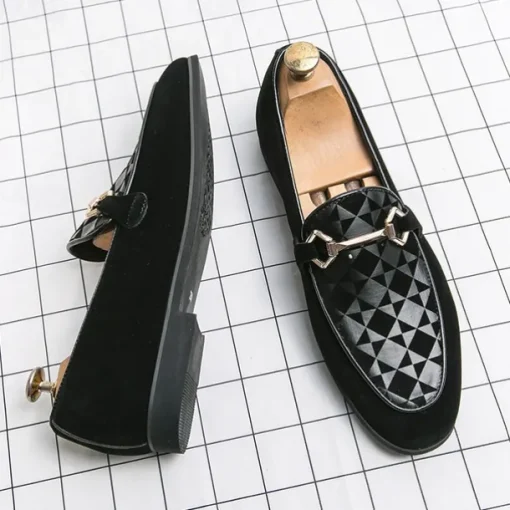 Men's Black Faux Suede Loafers with Geometric Pattern and Metal Buckle – Stylish Slip-On Dress Shoes for Formal Events and Parties