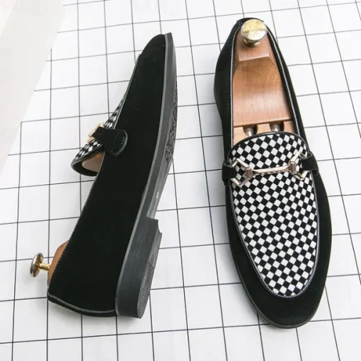 Men's Black Faux Suede Loafers with Geometric Pattern and Metal Buckle – Stylish Slip-On Dress Shoes for Formal Events and Parties