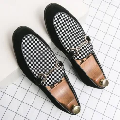 Men's Black Faux Suede Loafers with Geometric Pattern and Metal Buckle – Stylish Slip-On Dress Shoes for Formal Events and Parties