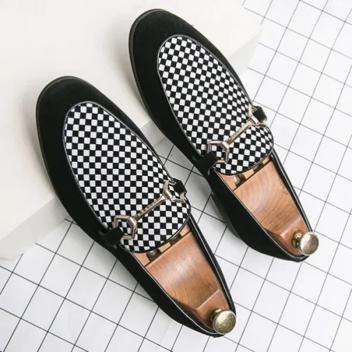 Men's Black Faux Suede Loafers with Geometric Pattern and Metal Buckle – Stylish Slip-On Dress Shoes for Formal Events and Parties