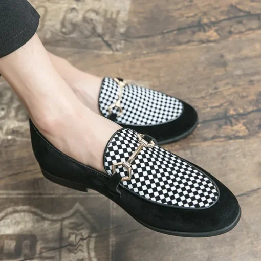Men's Black Faux Suede Loafers with Geometric Pattern and Metal Buckle – Stylish Slip-On Dress Shoes for Formal Events and Parties