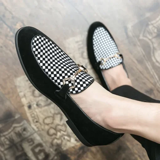 Men's Black Faux Suede Loafers with Geometric Pattern and Metal Buckle – Stylish Slip-On Dress Shoes for Formal Events and Parties
