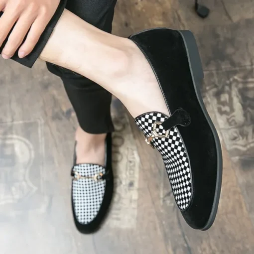Men's Black Faux Suede Loafers with Geometric Pattern and Metal Buckle – Stylish Slip-On Dress Shoes for Formal Events and Parties