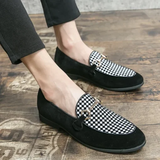 Men's Black Faux Suede Loafers with Geometric Pattern and Metal Buckle – Stylish Slip-On Dress Shoes for Formal Events and Parties