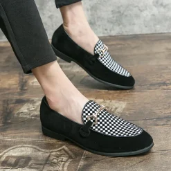 Men's Black Faux Suede Loafers with Geometric Pattern and Metal Buckle – Stylish Slip-On Dress Shoes for Formal Events and Parties