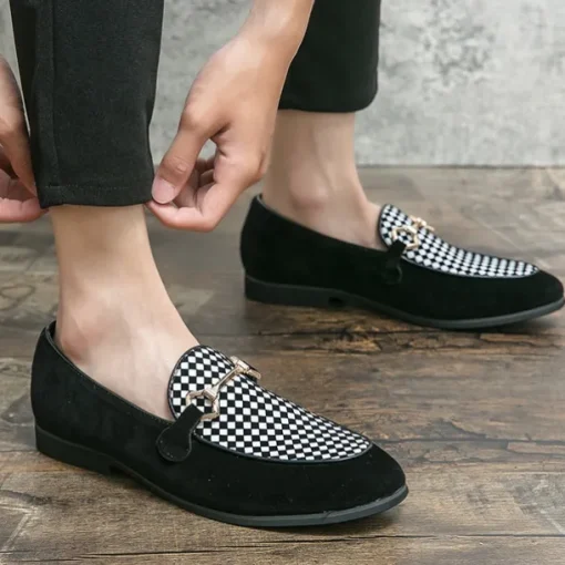 Men's Black Faux Suede Loafers with Geometric Pattern and Metal Buckle – Stylish Slip-On Dress Shoes for Formal Events and Parties