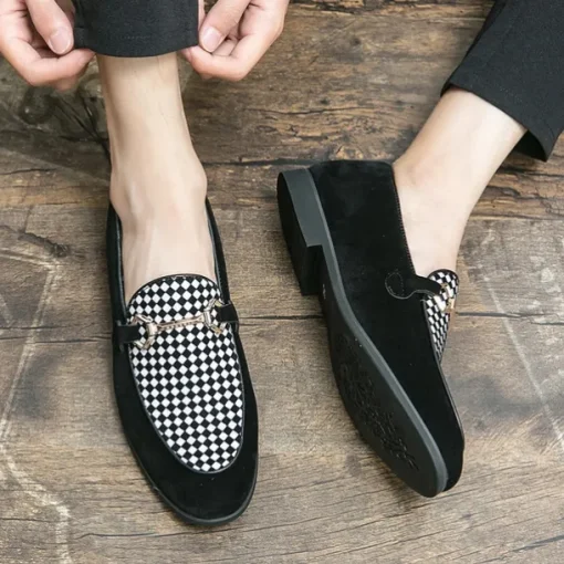 Men's Black Faux Suede Loafers with Geometric Pattern and Metal Buckle – Stylish Slip-On Dress Shoes for Formal Events and Parties