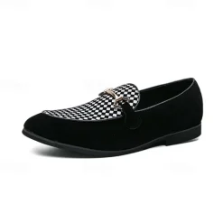 Men's Black Faux Suede Loafers with Geometric Pattern and Metal Buckle – Stylish Slip-On Dress Shoes for Formal Events and Parties