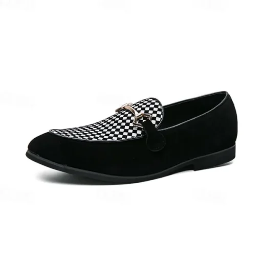 Men's Black Faux Suede Loafers with Geometric Pattern and Metal Buckle – Stylish Slip-On Dress Shoes for Formal Events and Parties