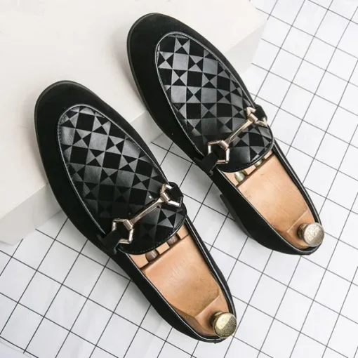 Men's Black Faux Suede Loafers with Geometric Pattern and Metal Buckle – Stylish Slip-On Dress Shoes for Formal Events and Parties