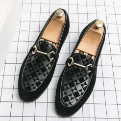 Men's Black Faux Suede Loafers with Geometric Pattern and Metal Buckle – Stylish Slip-On Dress Shoes for Formal Events and Parties