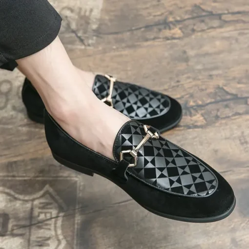 Men's Black Faux Suede Loafers with Geometric Pattern and Metal Buckle – Stylish Slip-On Dress Shoes for Formal Events and Parties