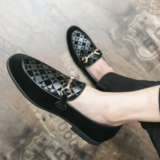 Men's Black Faux Suede Loafers with Geometric Pattern and Metal Buckle – Stylish Slip-On Dress Shoes for Formal Events and Parties
