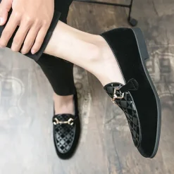 Men's Black Faux Suede Loafers with Geometric Pattern and Metal Buckle – Stylish Slip-On Dress Shoes for Formal Events and Parties
