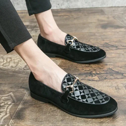 Men's Black Faux Suede Loafers with Geometric Pattern and Metal Buckle – Stylish Slip-On Dress Shoes for Formal Events and Parties