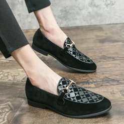Men's Black Faux Suede Loafers with Geometric Pattern and Metal Buckle – Stylish Slip-On Dress Shoes for Formal Events and Parties