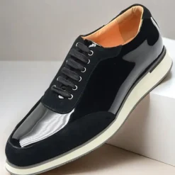 Men's Black Lace-Up Shoes in Patent Leather and Suede with White Sole – Premium Cowhide Dress Shoes for Stylish Casual and Formal Wear