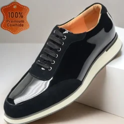 Men's Black Lace-Up Shoes in Patent Leather and Suede with White Sole – Premium Cowhide Dress Shoes for Stylish Casual and Formal Wear