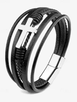 Men's Black Leather Bracelet with Silver Cross – Christian Religious Wristband, Adjustable Magnetic Clasp