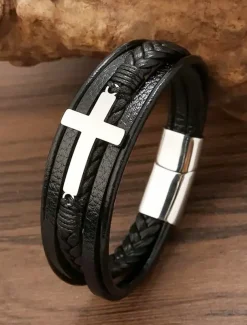Men's Black Leather Bracelet with Silver Cross – Christian Religious Wristband, Adjustable Magnetic Clasp