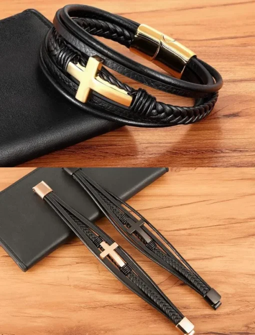 Men's Black Leather Bracelet with Silver Cross – Christian Religious Wristband, Adjustable Magnetic Clasp