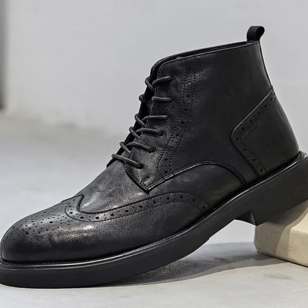 Men's Black Leather Brogue Ankle Boots – Classic Wingtip Lace-Up Dress Boots for Formal and Casual Wear