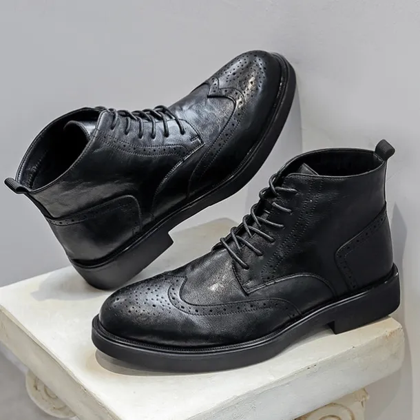 Men's Black Leather Brogue Ankle Boots – Classic Wingtip Lace-Up Dress Boots for Formal and Casual Wear