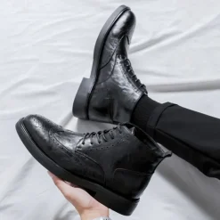 Men's Black Leather Brogue Ankle Boots – Classic Wingtip Lace-Up Dress Boots for Formal and Casual Wear