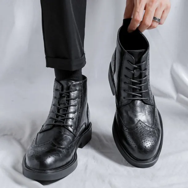 Men's Black Leather Brogue Ankle Boots – Classic Wingtip Lace-Up Dress Boots for Formal and Casual Wear