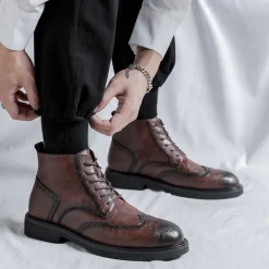 Men's Black Leather Brogue Ankle Boots – Classic Wingtip Lace-Up Dress Boots for Formal and Casual Wear